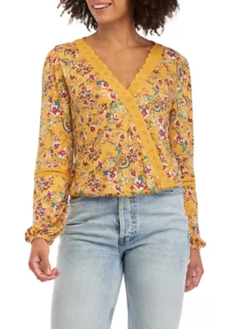 Juniors' Long Sleeve Lace Trim Surplice Top