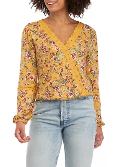 Juniors' Long Sleeve Lace Trim Surplice Top