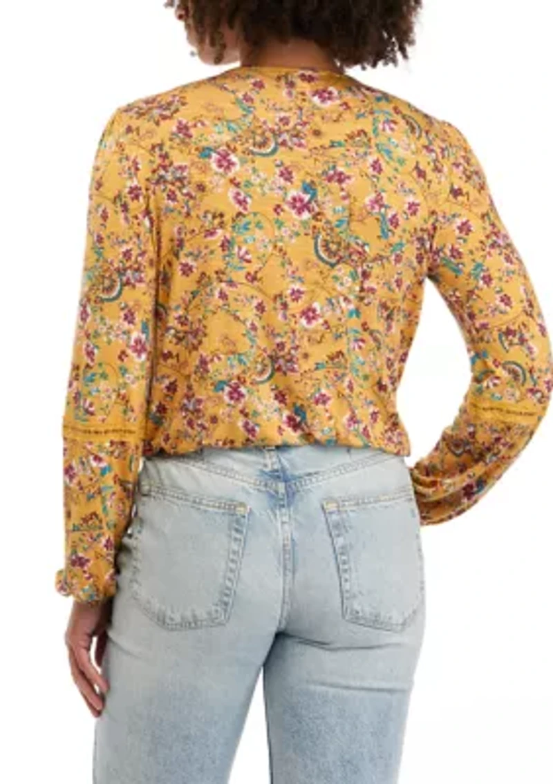 Juniors' Long Sleeve Lace Trim Surplice Top