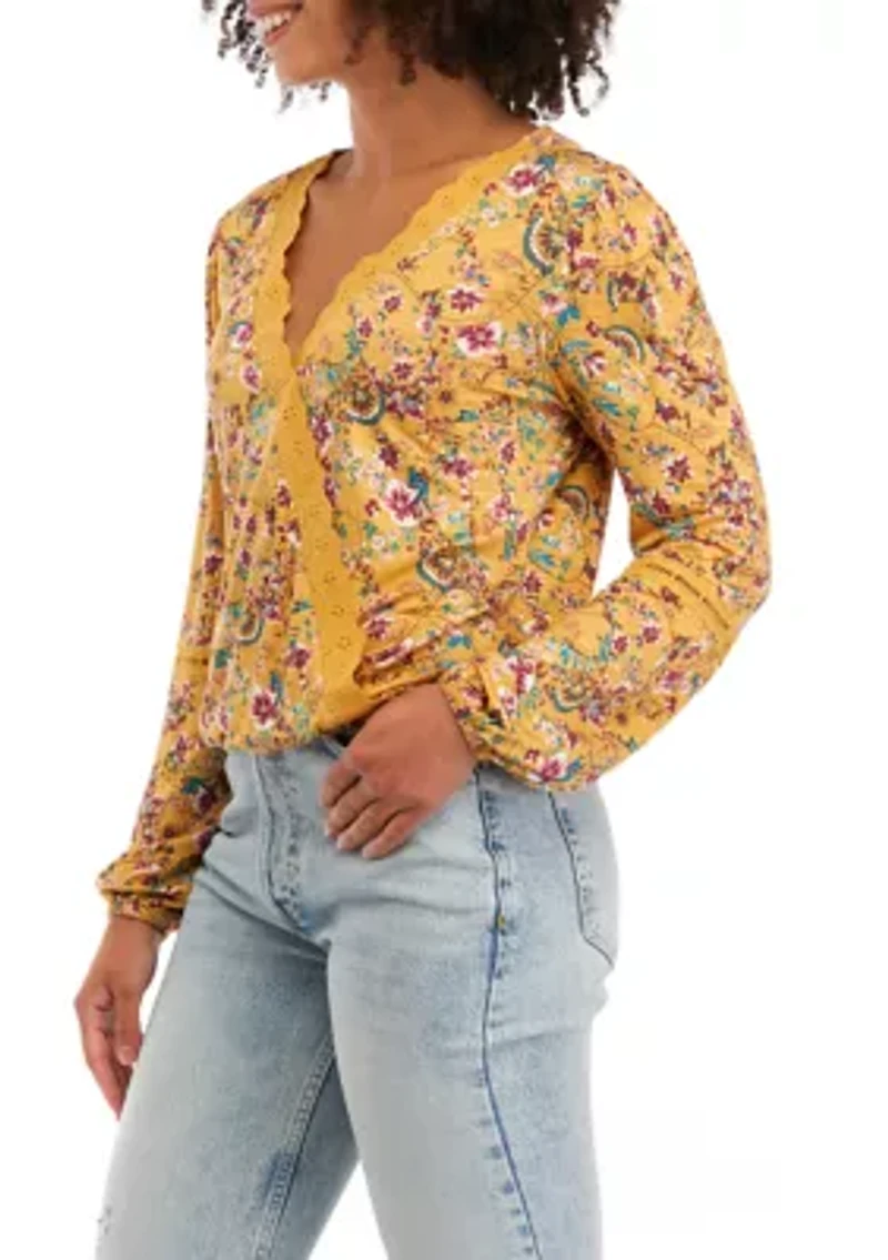 Juniors' Long Sleeve Lace Trim Surplice Top