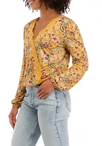 Juniors' Long Sleeve Lace Trim Surplice Top