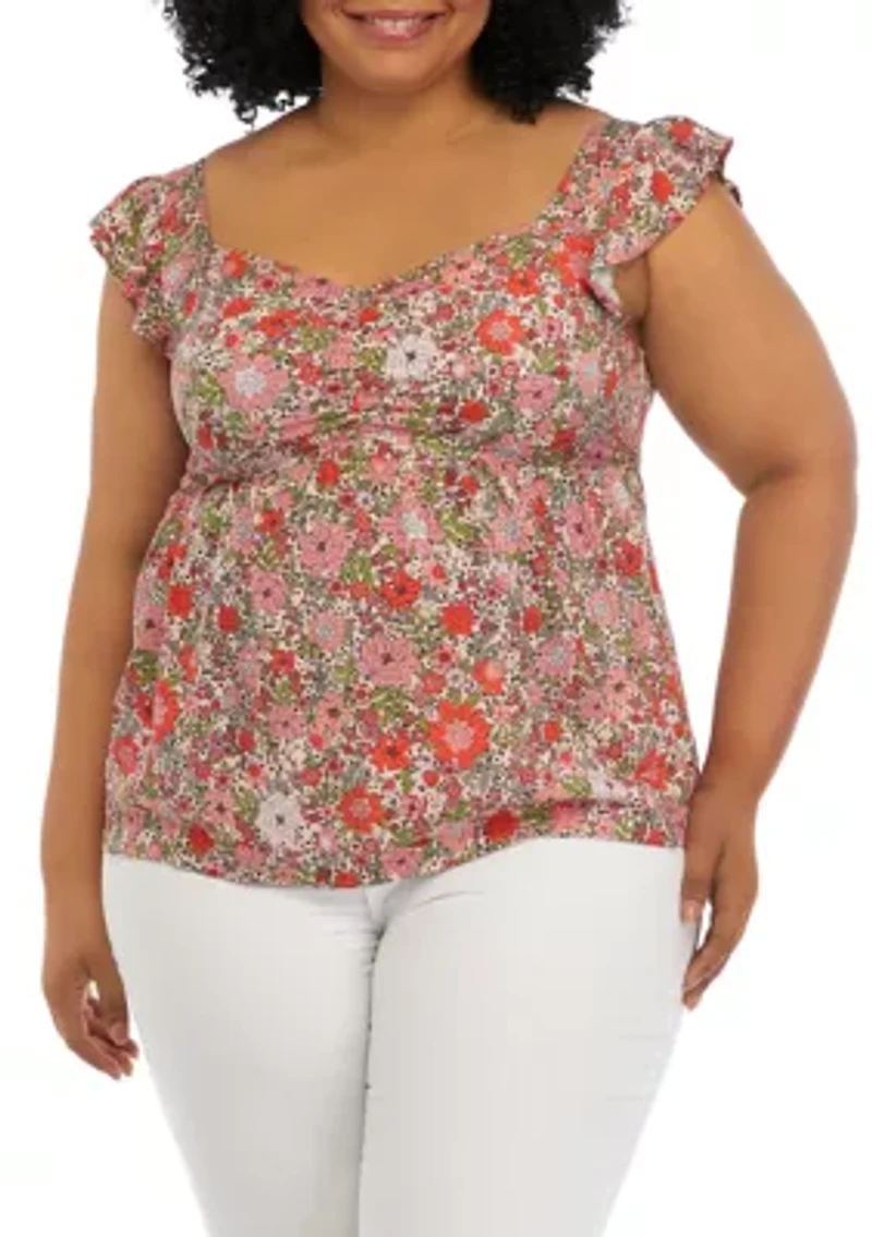 Plus Short Flutter Sleeve Cinched Bust Peplum Top