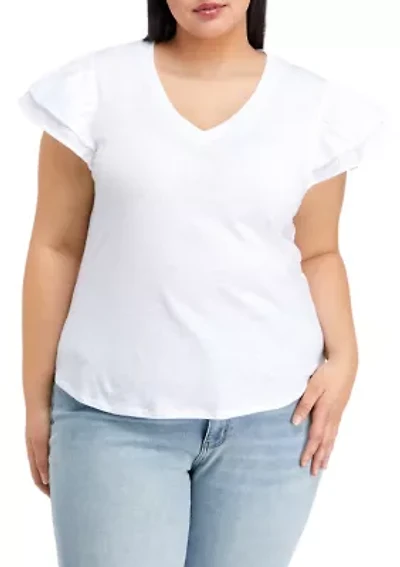 Plus Eyelet Flutter Sleeve V-Neck T-Shirt
