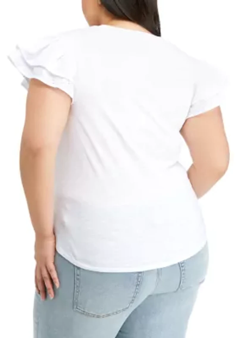 Plus Eyelet Flutter Sleeve V-Neck T-Shirt