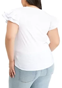 Plus Eyelet Flutter Sleeve V-Neck T-Shirt