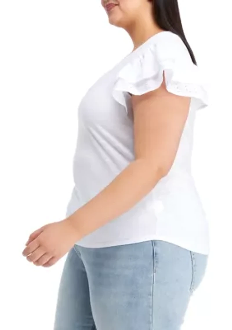 Plus Eyelet Flutter Sleeve V-Neck T-Shirt