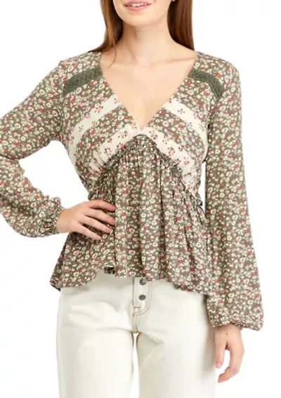 Juniors' High Low Printed Woven Top