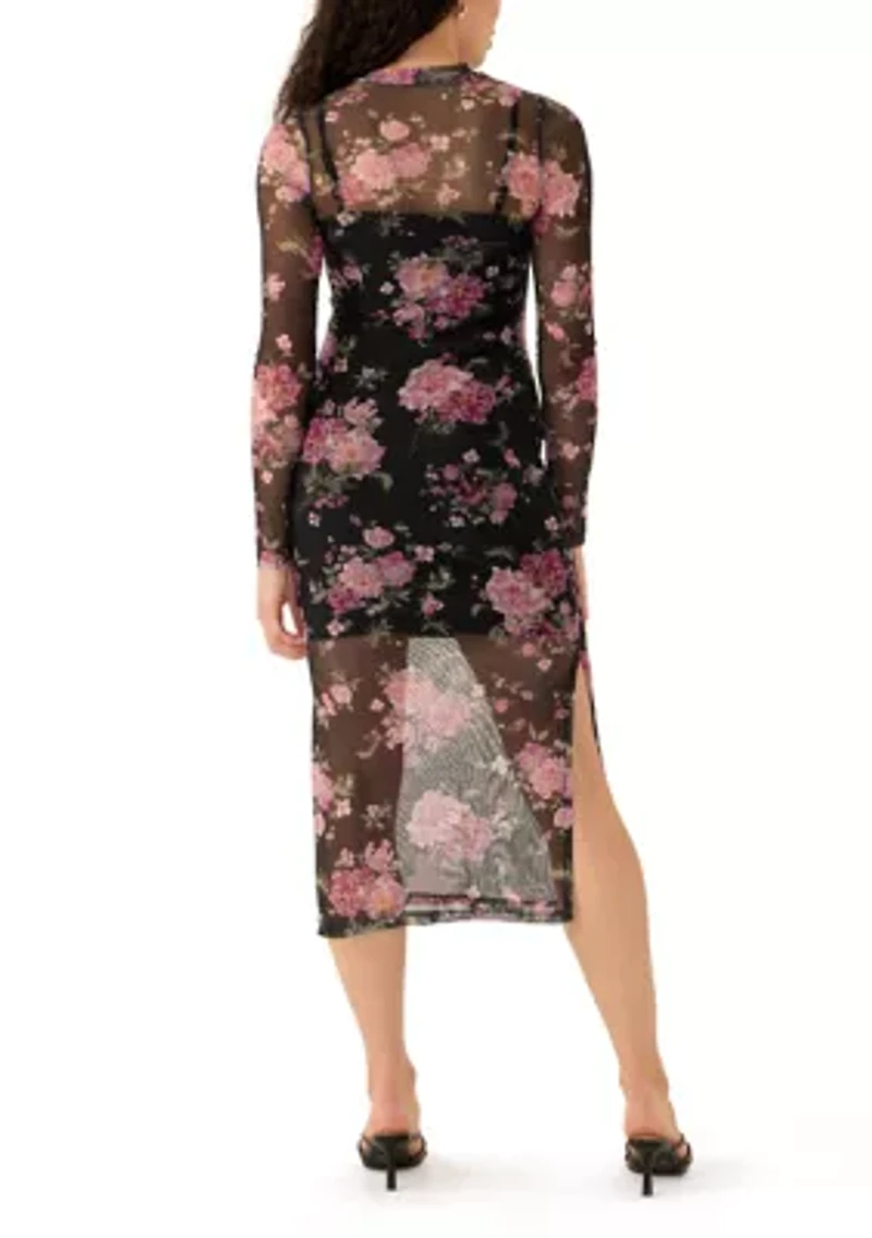Women's Long Sleeve Printed Mesh Bodycon Dress