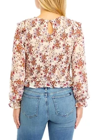 Women's Blouson Sleeve Floral Smocked Top