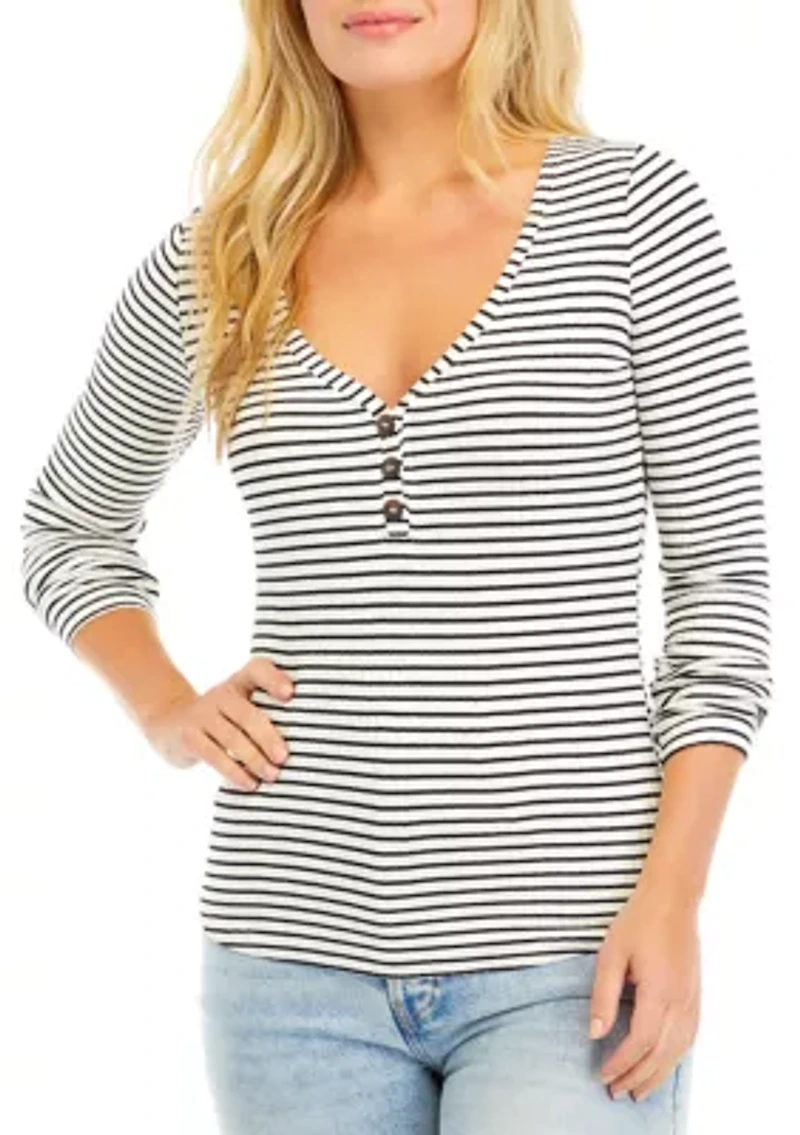 Juniors' V-Neck Henley Striped Shirt