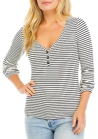 Juniors' V-Neck Henley Striped Shirt