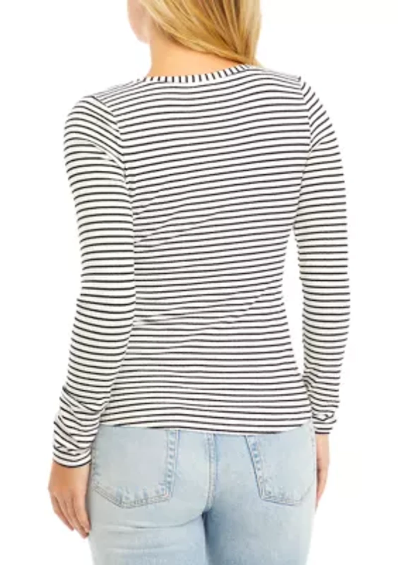 Juniors' V-Neck Henley Striped Shirt