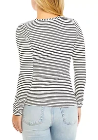 Juniors' V-Neck Henley Striped Shirt