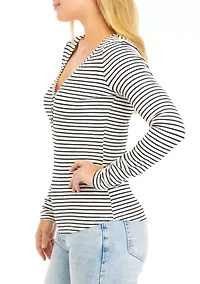Juniors' V-Neck Henley Striped Shirt