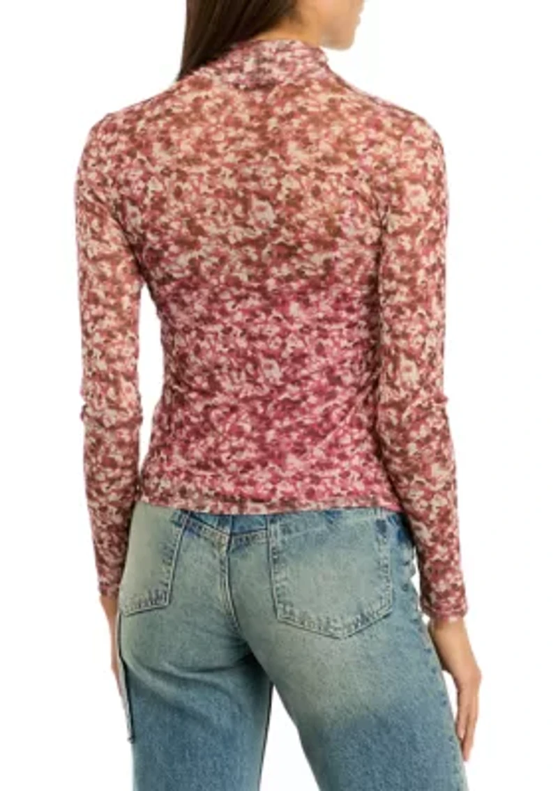 Women's Printed Mock Neck Mesh Top