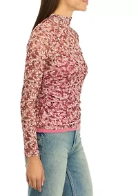 Women's Printed Mock Neck Mesh Top