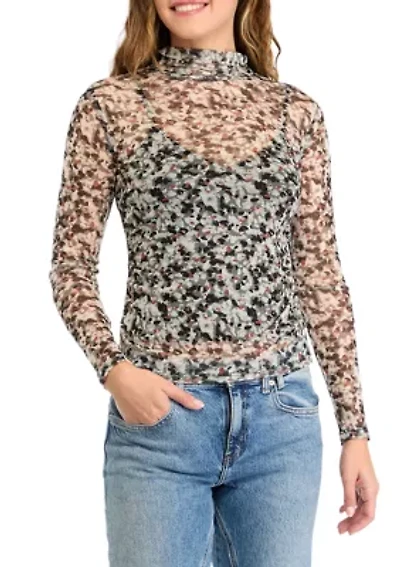 Women's Mesh Turtleneck Long Sleeve Top with Ruching