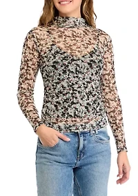 Women's Mesh Turtleneck Long Sleeve Top with Ruching