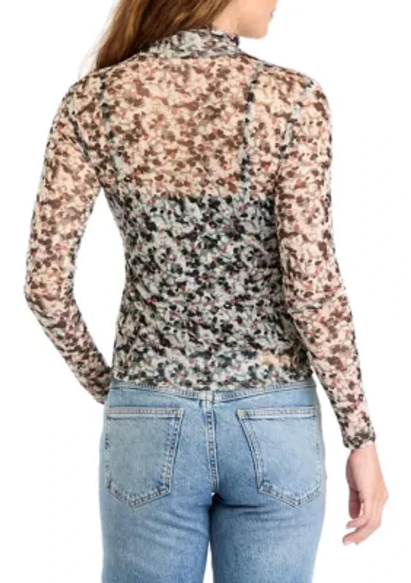 Women's Mesh Turtleneck Long Sleeve Top with Ruching