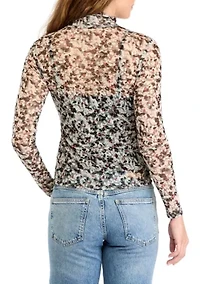 Women's Mesh Turtleneck Long Sleeve Top with Ruching