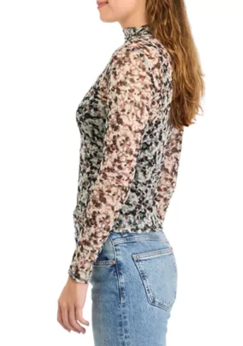 Women's Mesh Turtleneck Long Sleeve Top with Ruching