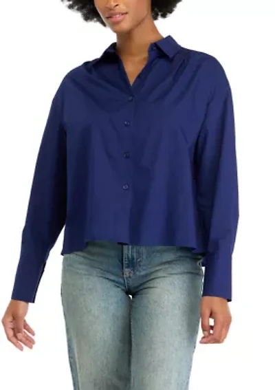 Women's High Low Collared Long Sleeve Pleated Shirt