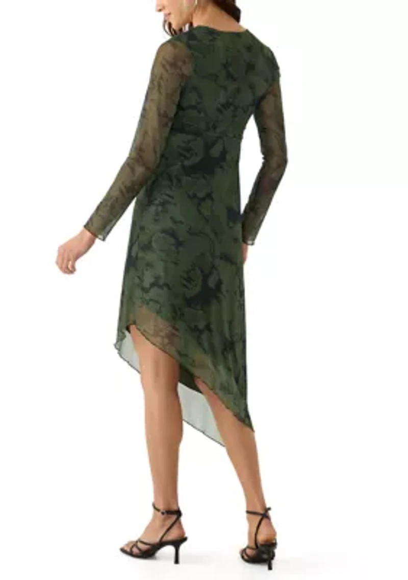 Women's Long Sleeve V-Neck Asymmetrical Hem Dress