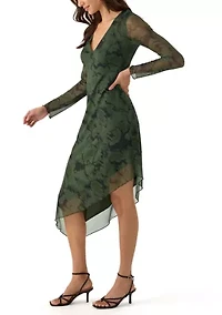 Women's Long Sleeve V-Neck Asymmetrical Hem Dress