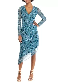 Women's Long Sleeve V-Neck Asymmetrical Hem Dress