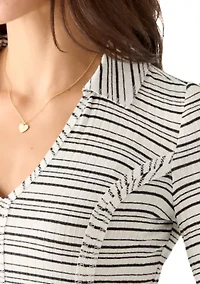 Women's Johnny Collar Long Sleeve Stripe Top