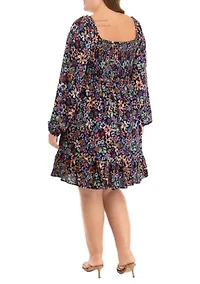 Plus Long Sleeve Babydoll Dress with Smocking
