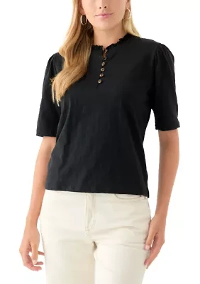 Women's Button Front Ruffle Neck Top