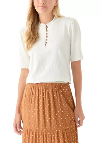 Women's Button Front Ruffle Neck Top