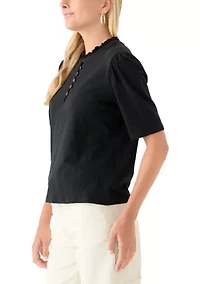 Women's Button Front Ruffle Neck Top