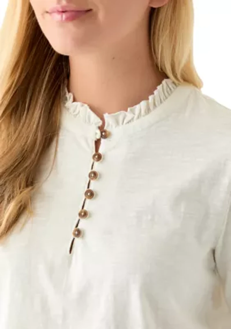 Women's Button Front Ruffle Neck Top