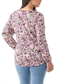 Plus Long Sleeve Tie Front Printed Knit Top