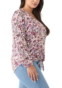 Plus Long Sleeve Tie Front Printed Knit Top