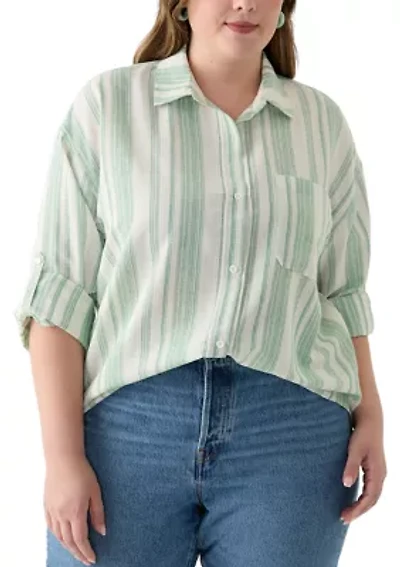 Plus Long Sleeve Textured Stripe Button Down Shirt