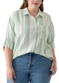 Plus Long Sleeve Textured Stripe Button Down Shirt