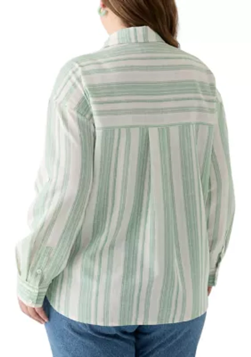 Plus Long Sleeve Textured Stripe Button Down Shirt