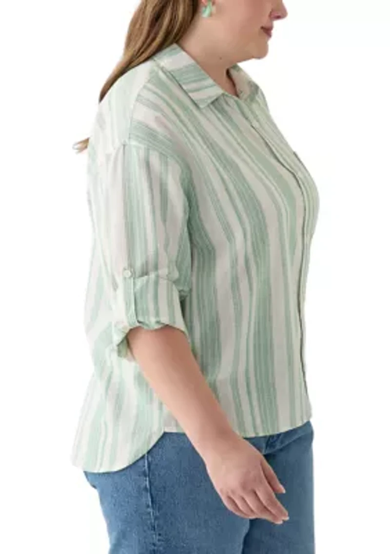 Plus Long Sleeve Textured Stripe Button Down Shirt