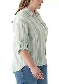 Plus Long Sleeve Textured Stripe Button Down Shirt