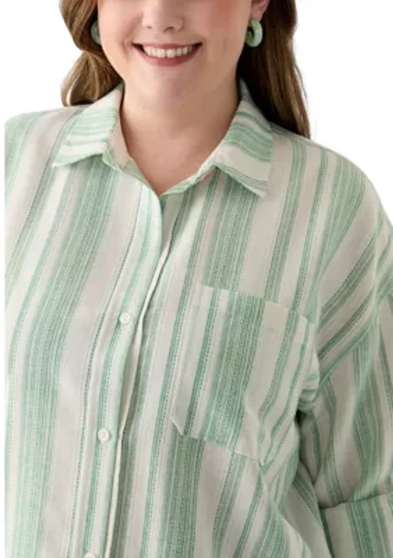 Plus Long Sleeve Textured Stripe Button Down Shirt