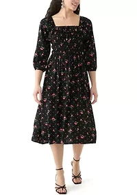 Women's Blouson Sleeve Smocked Midi Dress with Front Ruffle