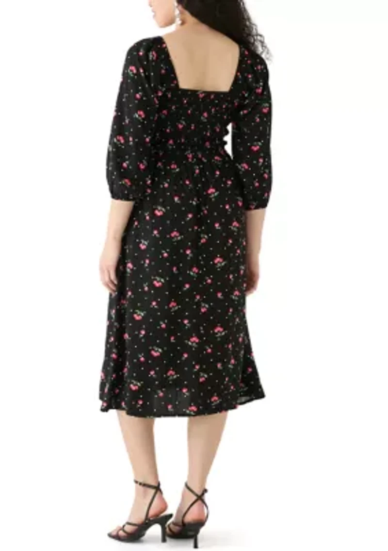 Women's Blouson Sleeve Smocked Midi Dress with Front Ruffle