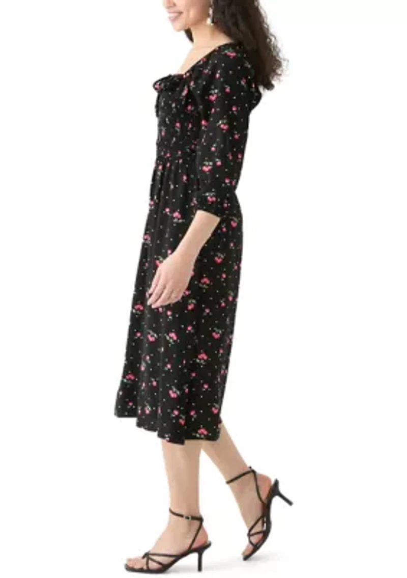 Women's Blouson Sleeve Smocked Midi Dress with Front Ruffle