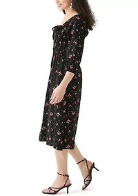 Women's Blouson Sleeve Smocked Midi Dress with Front Ruffle