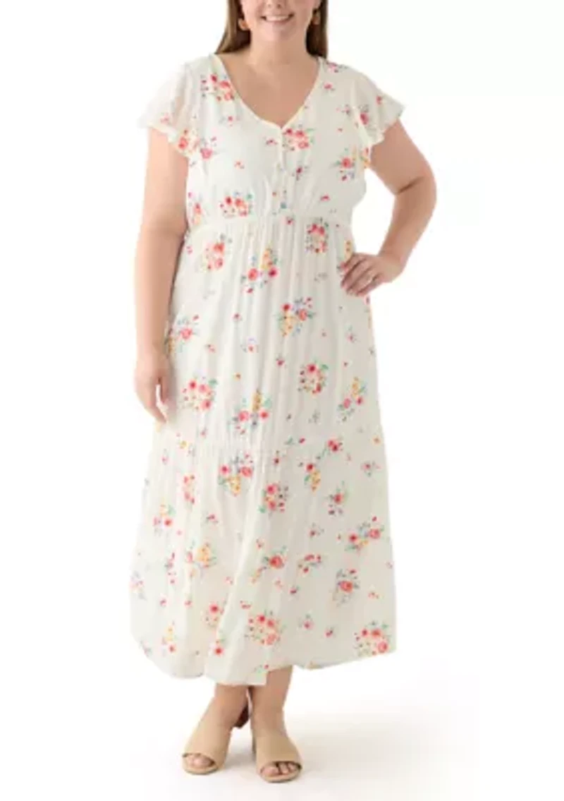 Plus Flutter Sleeve Printed Midi Dress