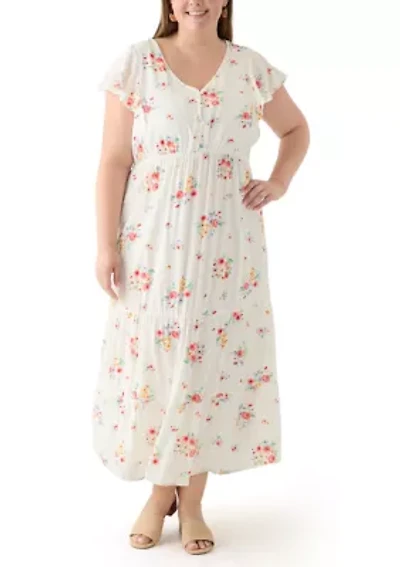 Plus Flutter Sleeve Printed Midi Dress