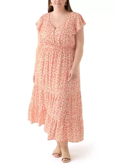 Plus Printed Flutter Sleeve Midi Dress